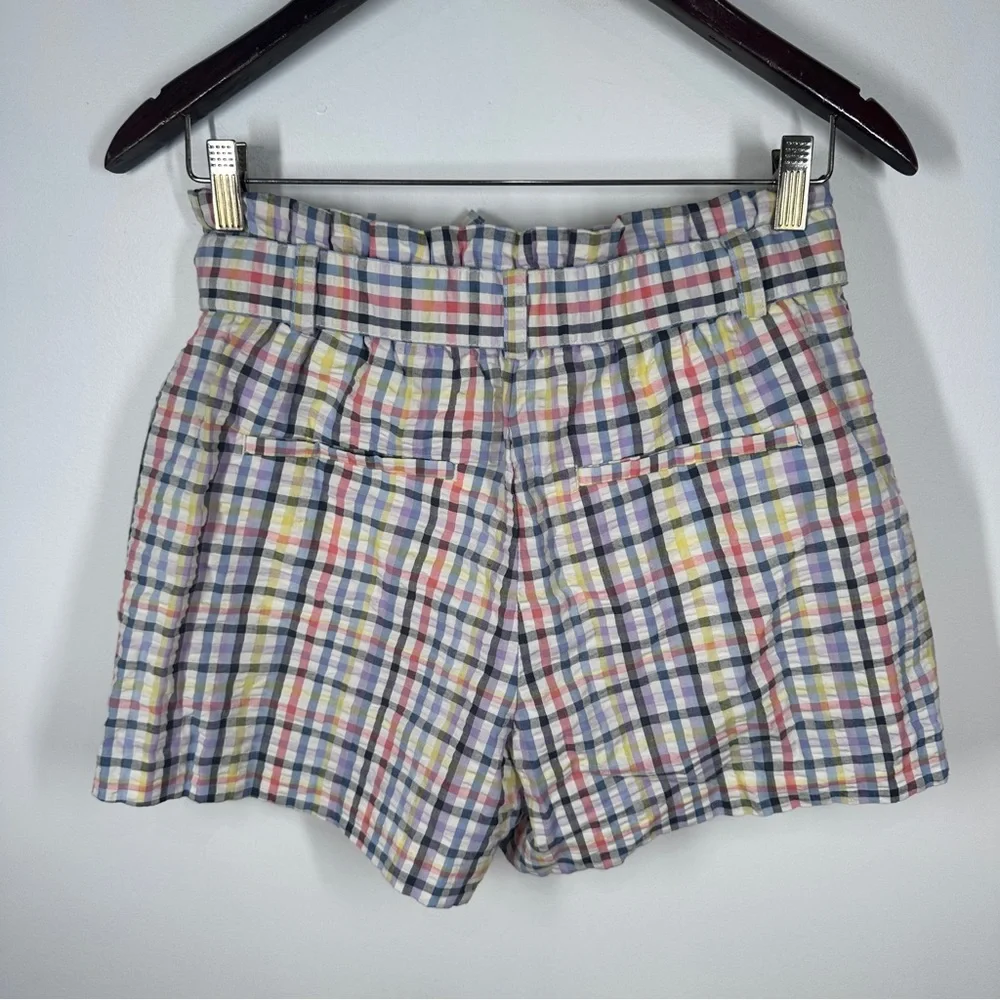Loft Seersucker Plaid Paper Bag Waist Shorts Size Small Belt Pastel